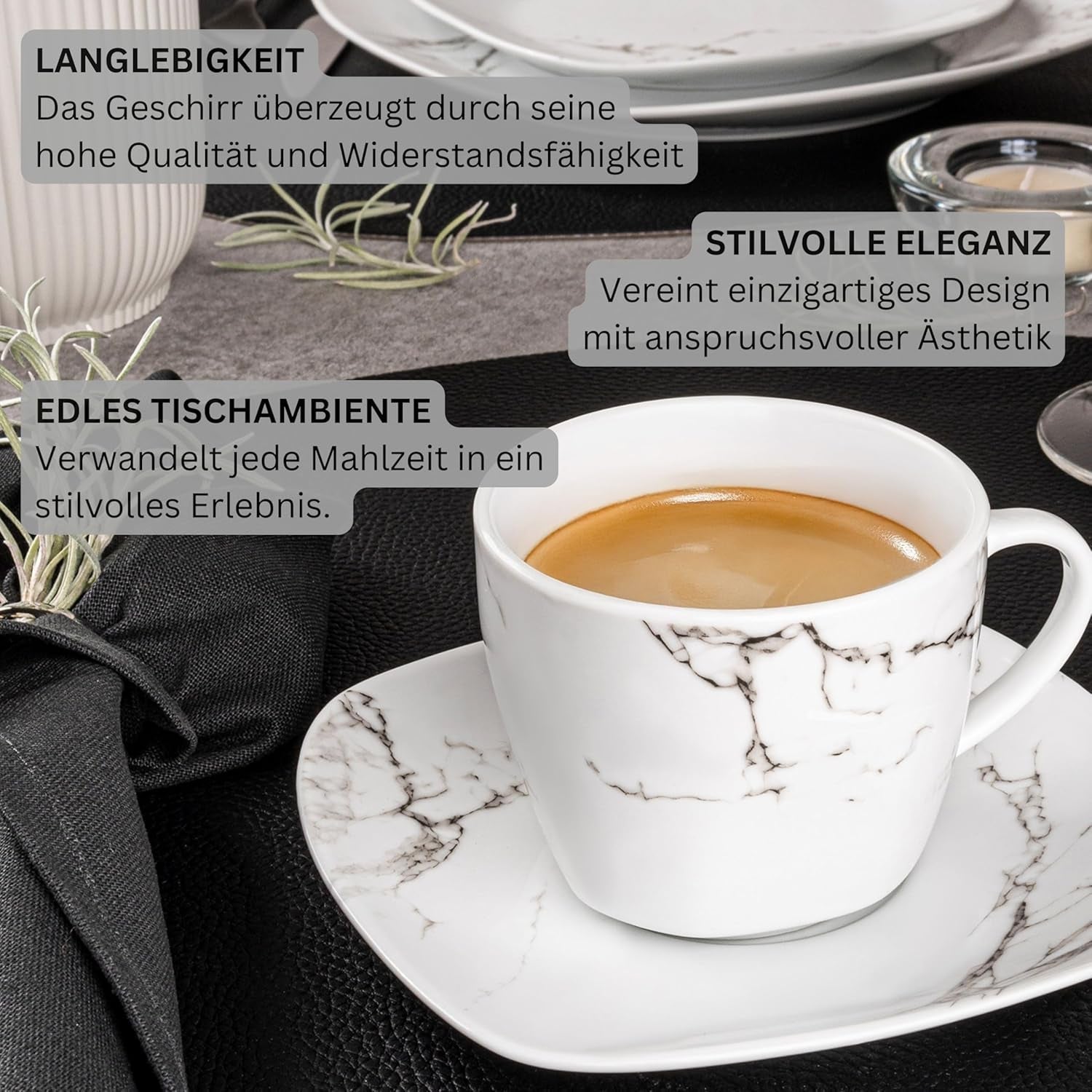 ZANGER | Bilgola Marmeren Combinatie Serviesset 36-delige Serviesset voor 6 personen met Dinerborden, Dessertborden, Suma Borden, Mueslischalen, Koffieborden en Porseleinen Schoteltjes, Vierkant | DE PREMIUM COLLECTIE