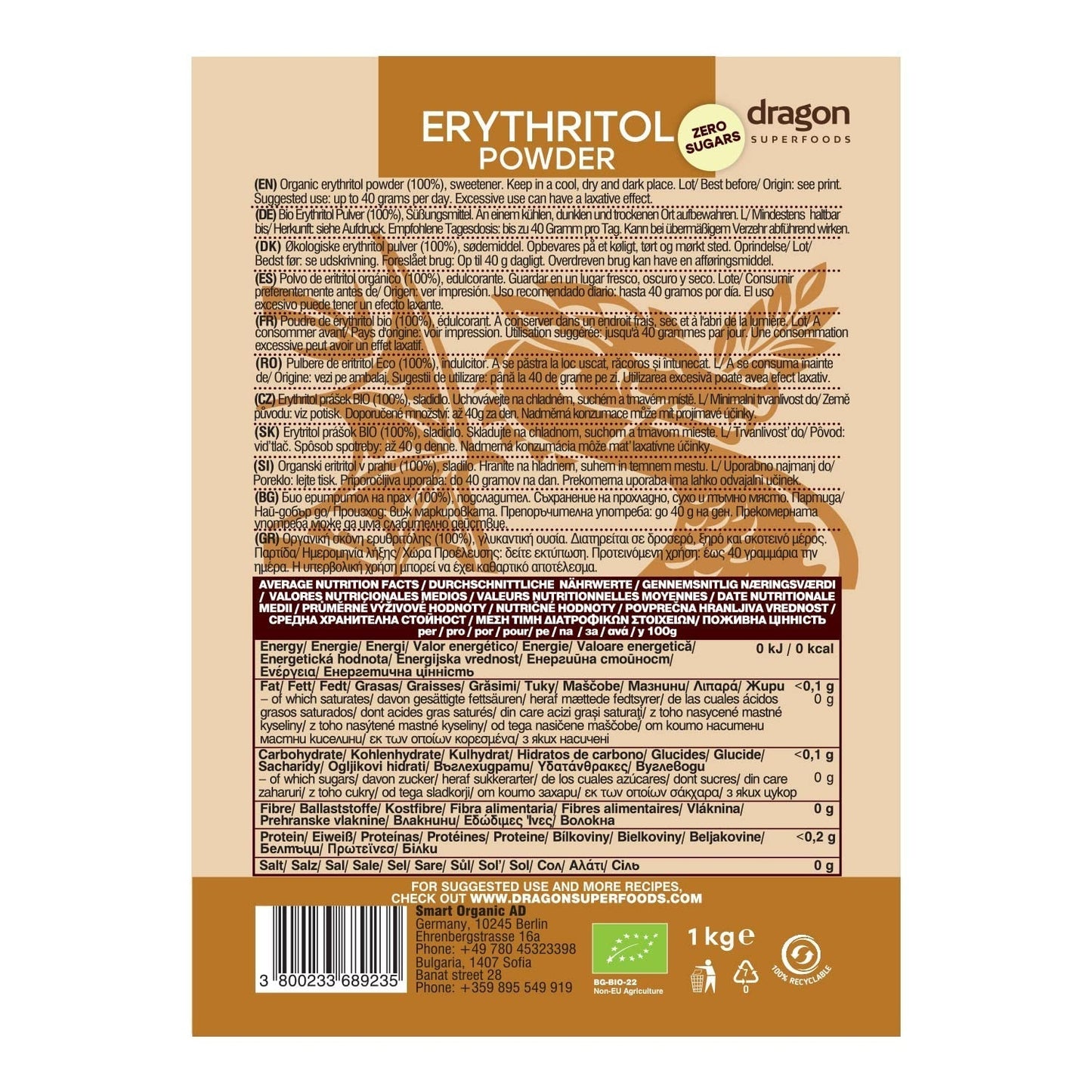 Bio Erythrit - Poeder, 100% Biologisch, Veganistisch, Null Kalorien-1Kg Zoetstoffen Naty Shop