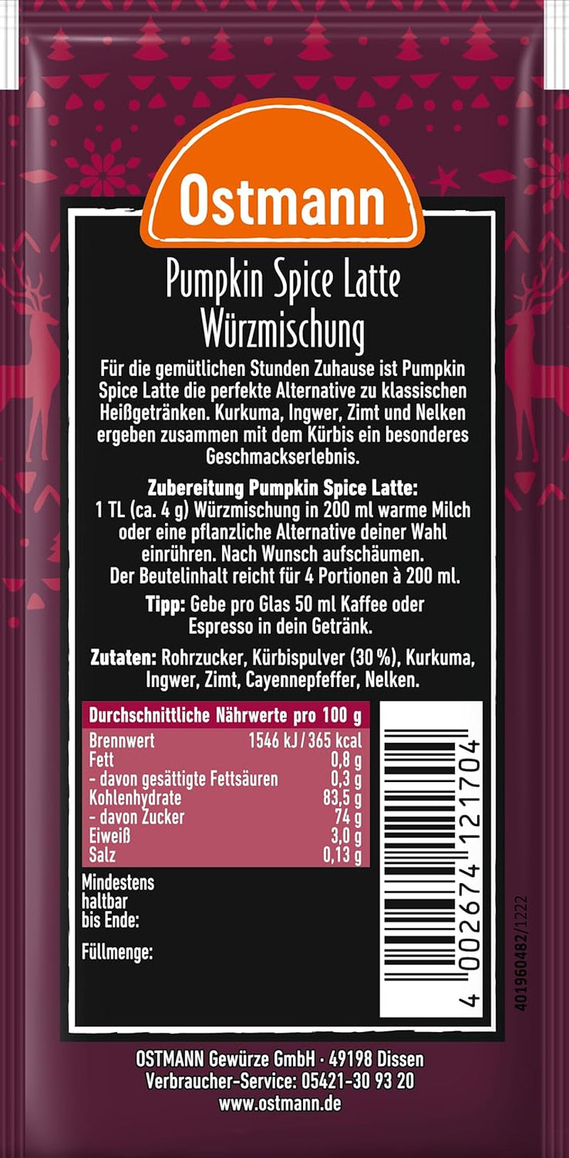Ostmann Gewürze – Pumpkin Spice Latte Würzmischung, zum Einrühren in Milch met Kaffee of Espresso, met Kürbispulver, 16 g in Beutel (Verpackungsdesign kan abweichen)