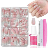 Kunstnagels set - 240 stuks Franse nepnagels lijm op - roze wit gradiënt ontwerp kunstnagels volledige dekking zachte gel natuurlijk en comfortabel om te dragen (roze amandel)