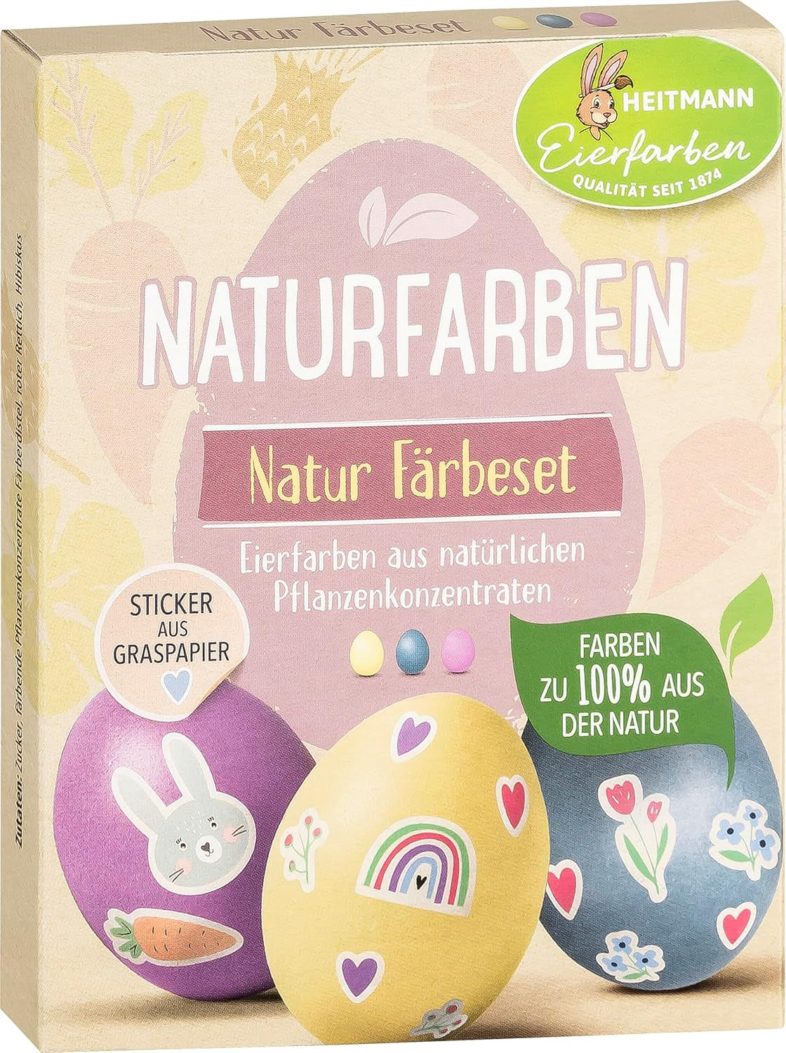 Heitmann eierverf natuurlijke kleurstofset, 3 eierverfpoeders (geel, paars, grijsblauw), stickervel van graspapier