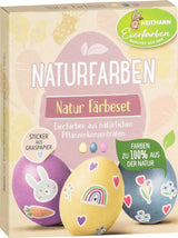 Heitmann eierverf natuurlijke kleurstofset, 3 eierverfpoeders (geel, paars, grijsblauw), stickervel van graspapier