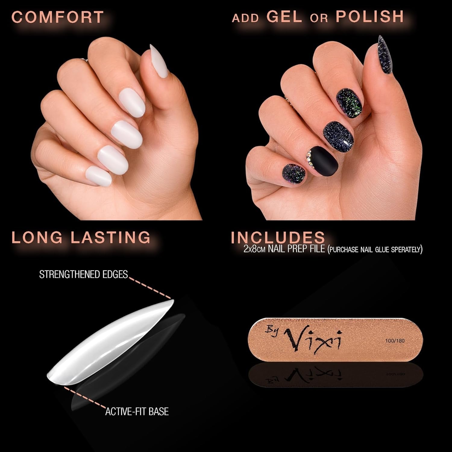 Vixi 600 korte ovale nagelverlengingen met voorbereidingsvijl, 10 maten - volledige dekking, ondoorzichtig. Voor professionals en thuisgebruik.