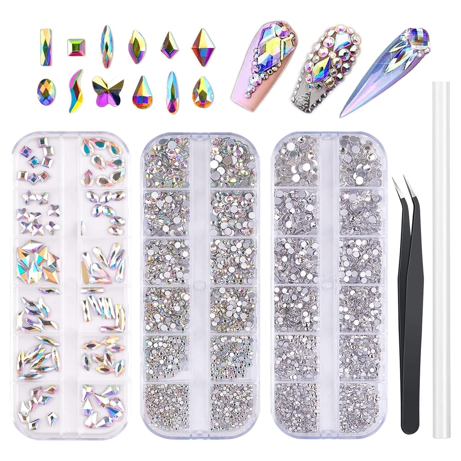 3200 nagelstenen set FITDON veelvormige glazen AB-stenen en heldere diamantglitter AB-stenen voor nagelkunstdecoratie doe-het-zelf-sets sieraden sleutelhangers nagelaccessoires