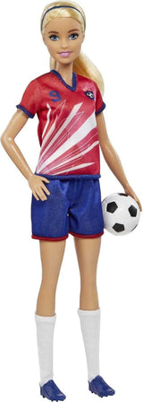 Barbie You Can Be Anything-serie, voetbalspeler, voetbalspeler met blond haar, rode en blauwe trui, bal, accessoires, pop inbegrepen, cadeau voor 3 jaar en ouder, HCN17