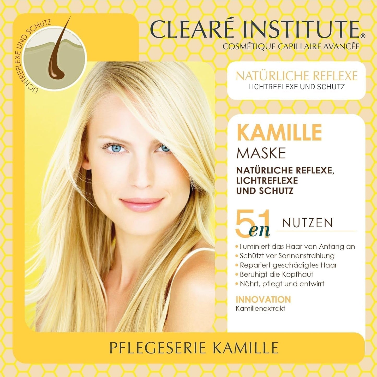 Clearé Instituut | Kamillemasker | Voedt, conditioneert en ontwart | Gouden glans en glans | 97% natuurlijke ingrediënten | Verzacht de hoofdhuid Met kamille-extract |150 ml Naty Shop haarmasker