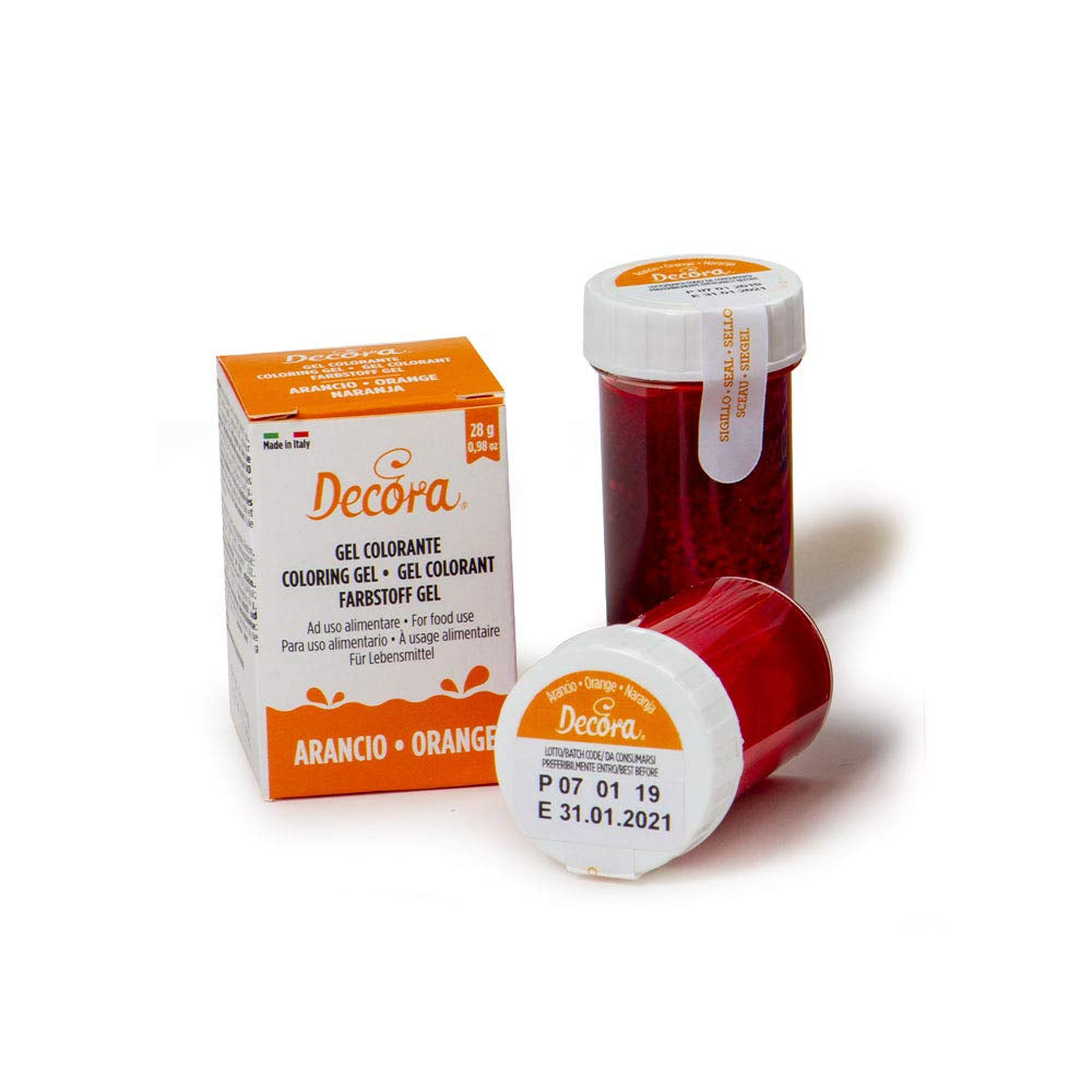 , 9600813 Gelvoedselkleuring, gelvoedselkleuring ideaal voor coatings en decoraties, creëert intense en heldere kleuren, gemaakt in Italië, 28 gram, oranje kleur.