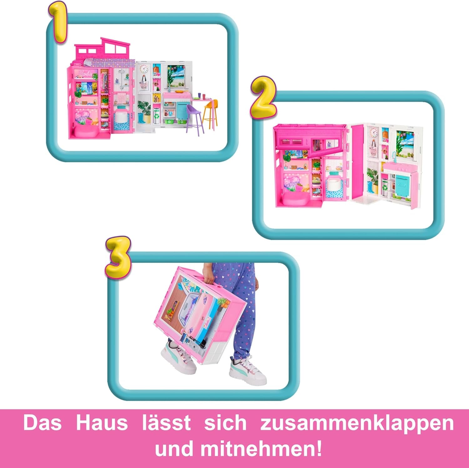 Barbie-Puppenhaus Spielset, Ferienhaus mit 4 Spielbereichen, darunter Küche, Badezimmer, Schlafzimmer en Lounge, 11 Deko-Zubehörteile, HRJ76