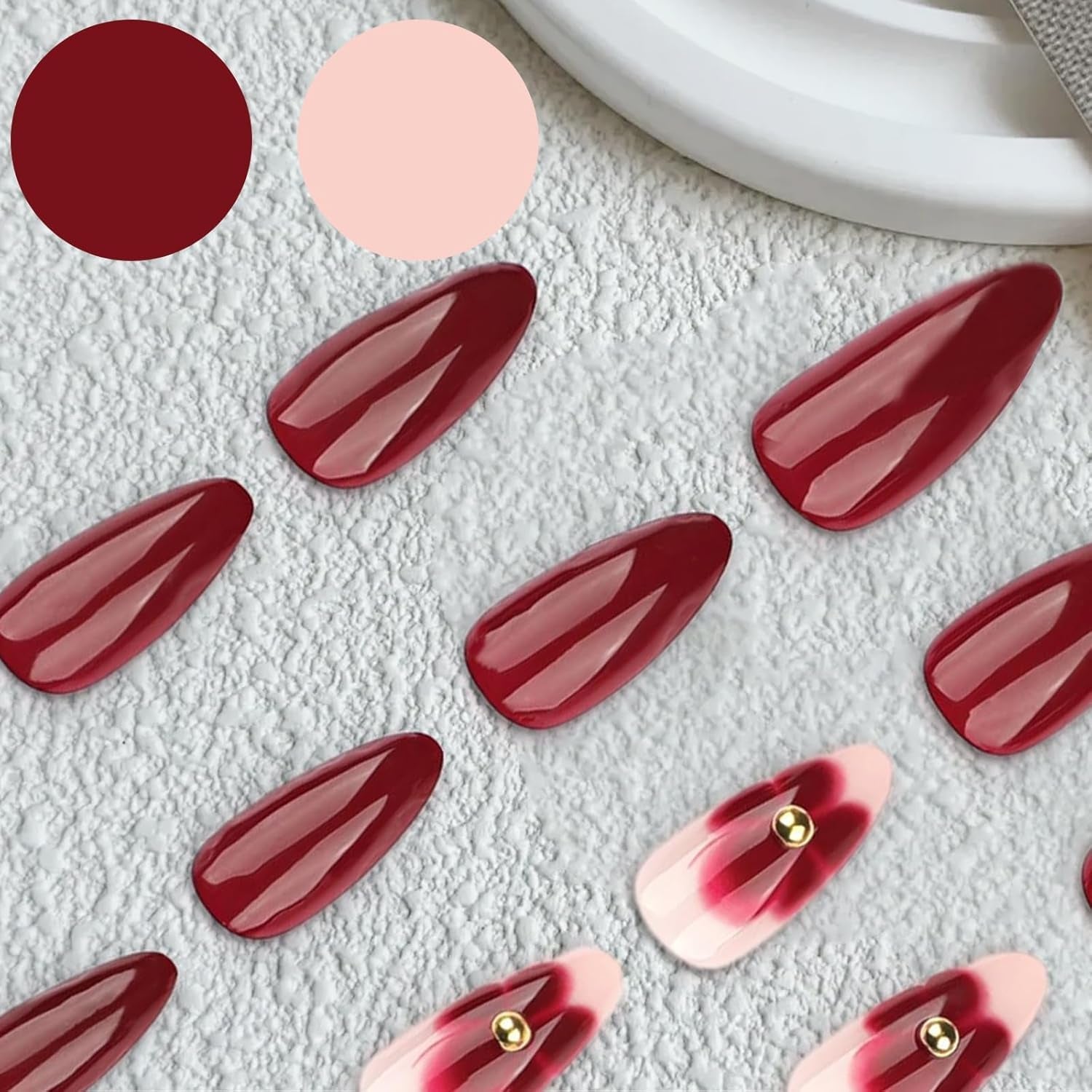 24 bordeauxrode bloemen met diamantpantser, pers op nagels, lijm op kunstnagels, set nageltips