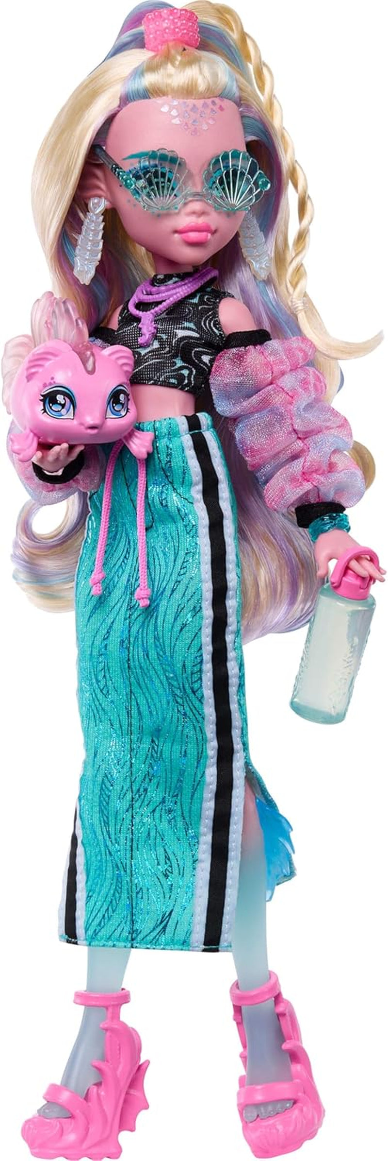 Monster High Lagoona Blue Neptuna vis korte top en sport maxi rok pop met 7 accessoires, waaronder schelpzonnebril, snack en tas, JHK33