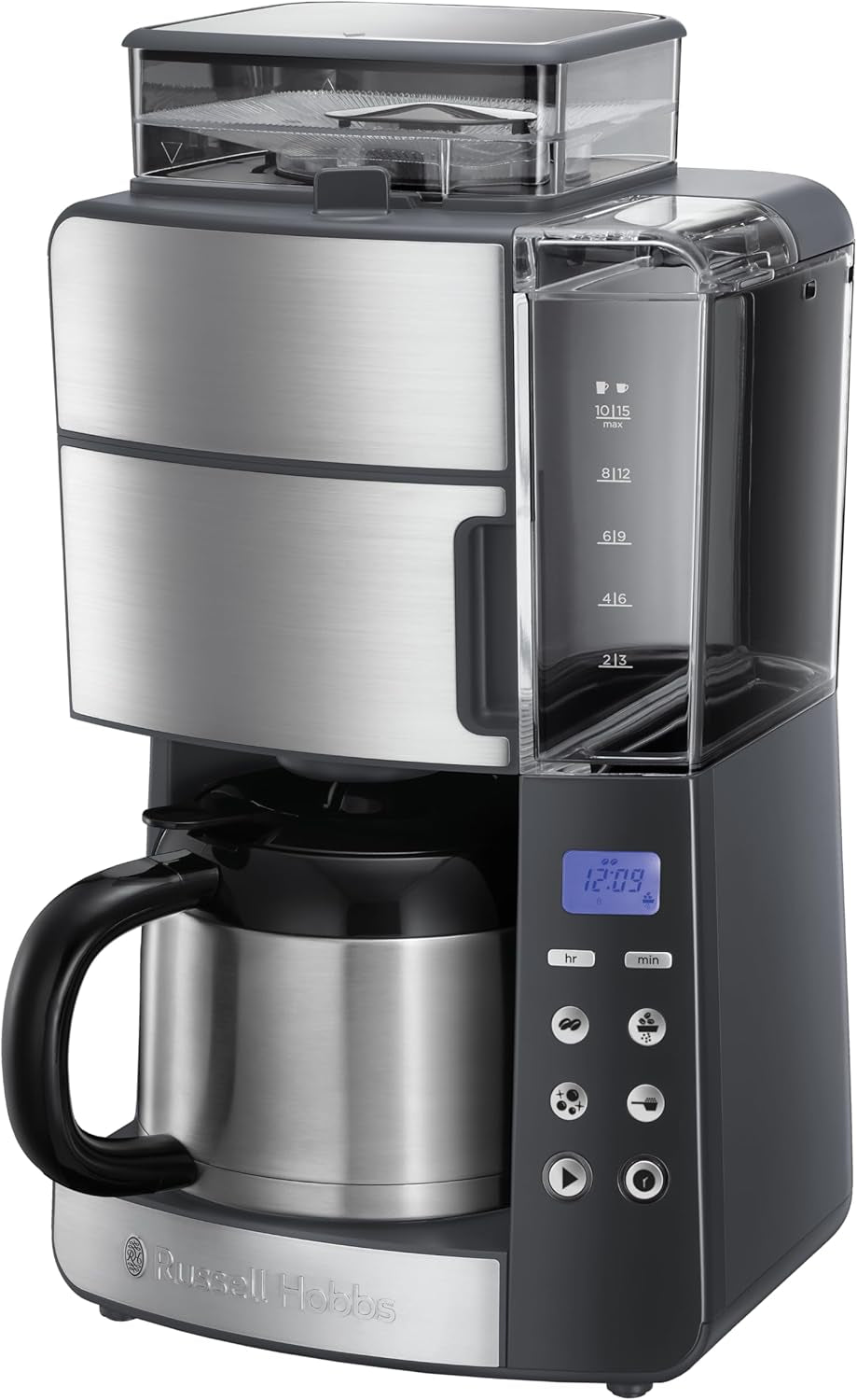Russell Hobbs koffiezetapparaat met molen en thermische karaf [digitale timer, douchekop voor optimale extractie en aroma] Grind&Brew (1-10 kopjes, 3 maalinstellingen) Filterkoffiezetapparaat 25620-56