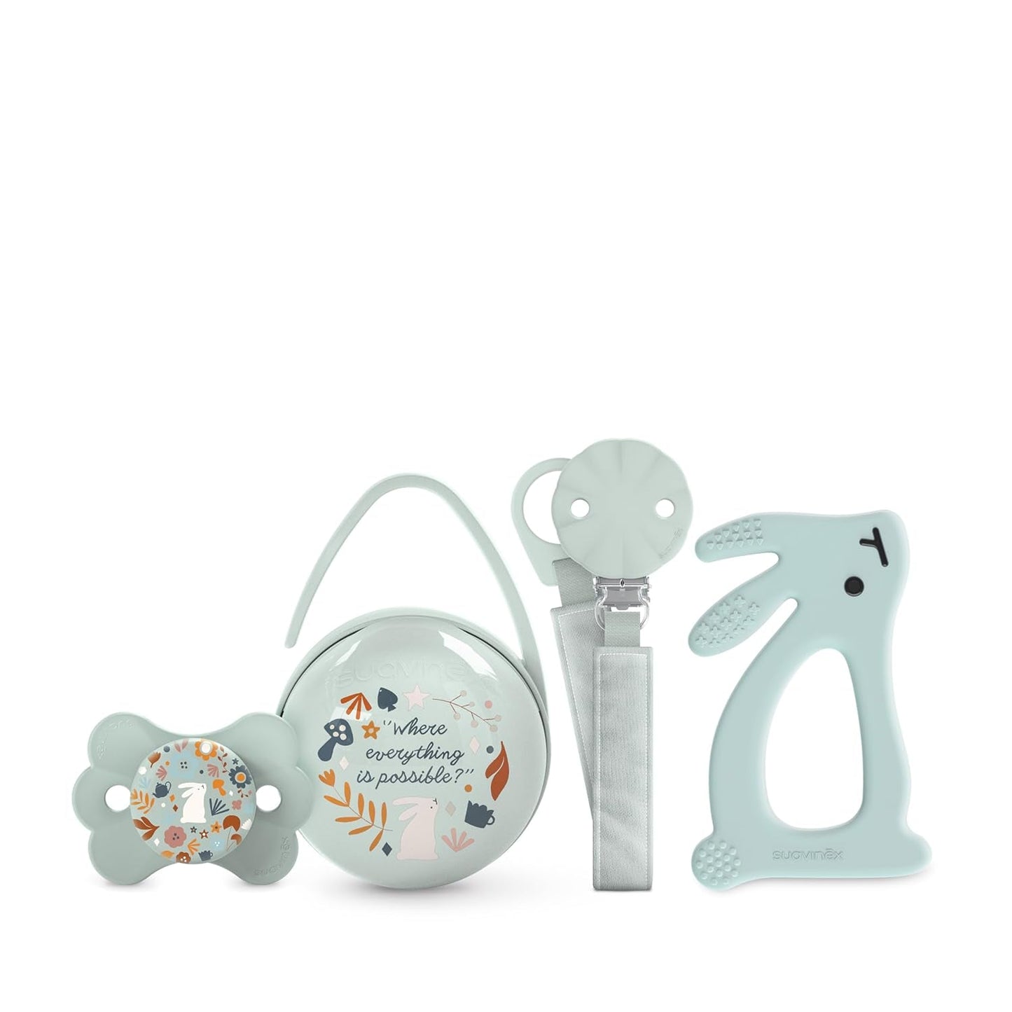 Suavinex cadeauset voor pasgeborenen. 4-delige set bestaande uit: Fysiologische SX Pro fopspeen voor baby's 0-6 maanden + speenhouder + Duo speenhoesje + siliconen bijtring. Wonderland, beige