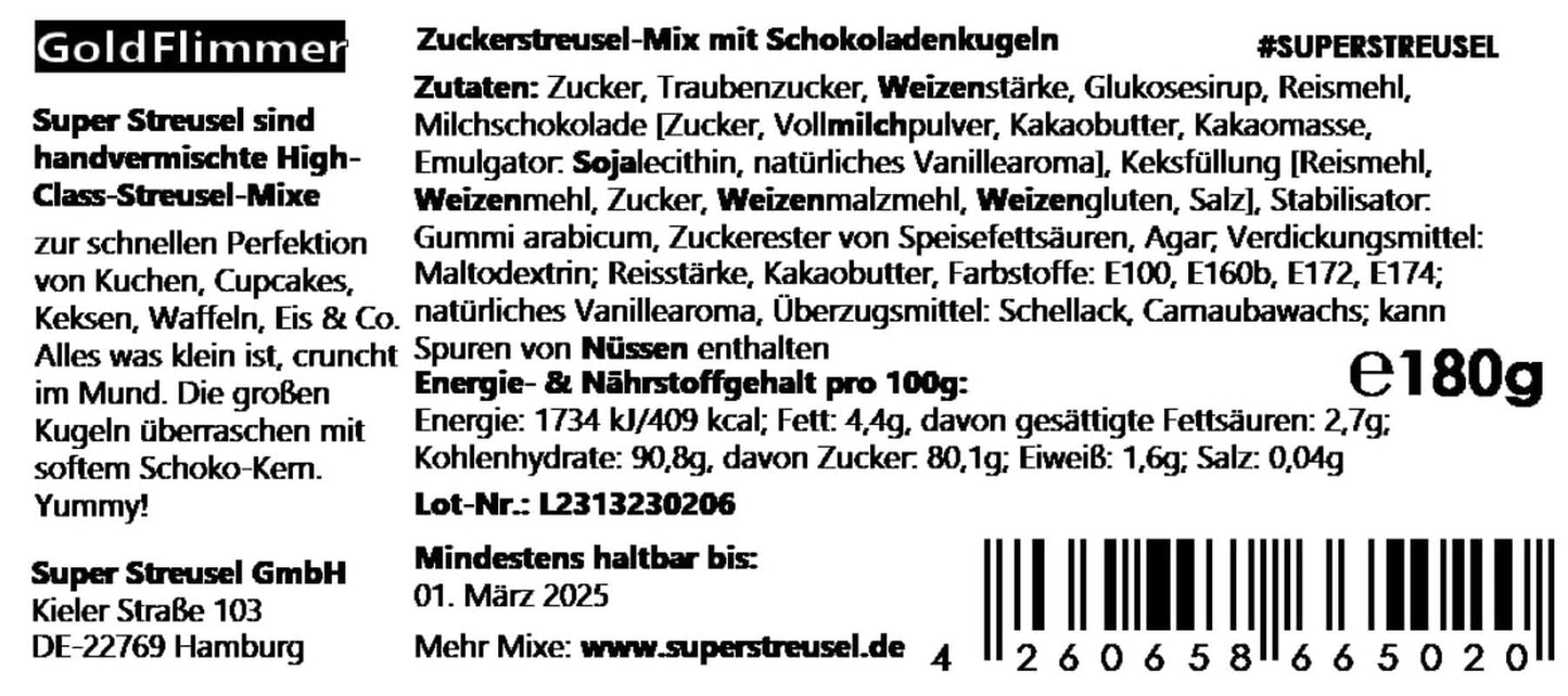 Super Streusel Gold Glimmer, hagelslag met kerstthema, 180 gram hagelslag Naty Shop