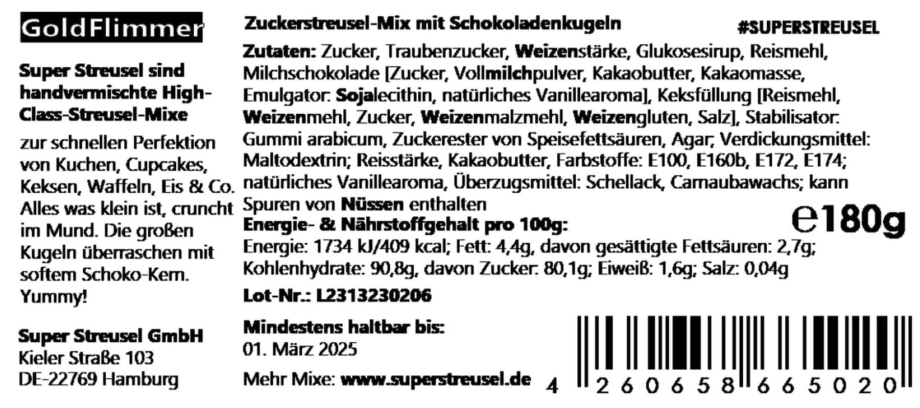 Super Streusel Gold Glimmer, hagelslag met kerstthema, 180 gram hagelslag Naty Shop