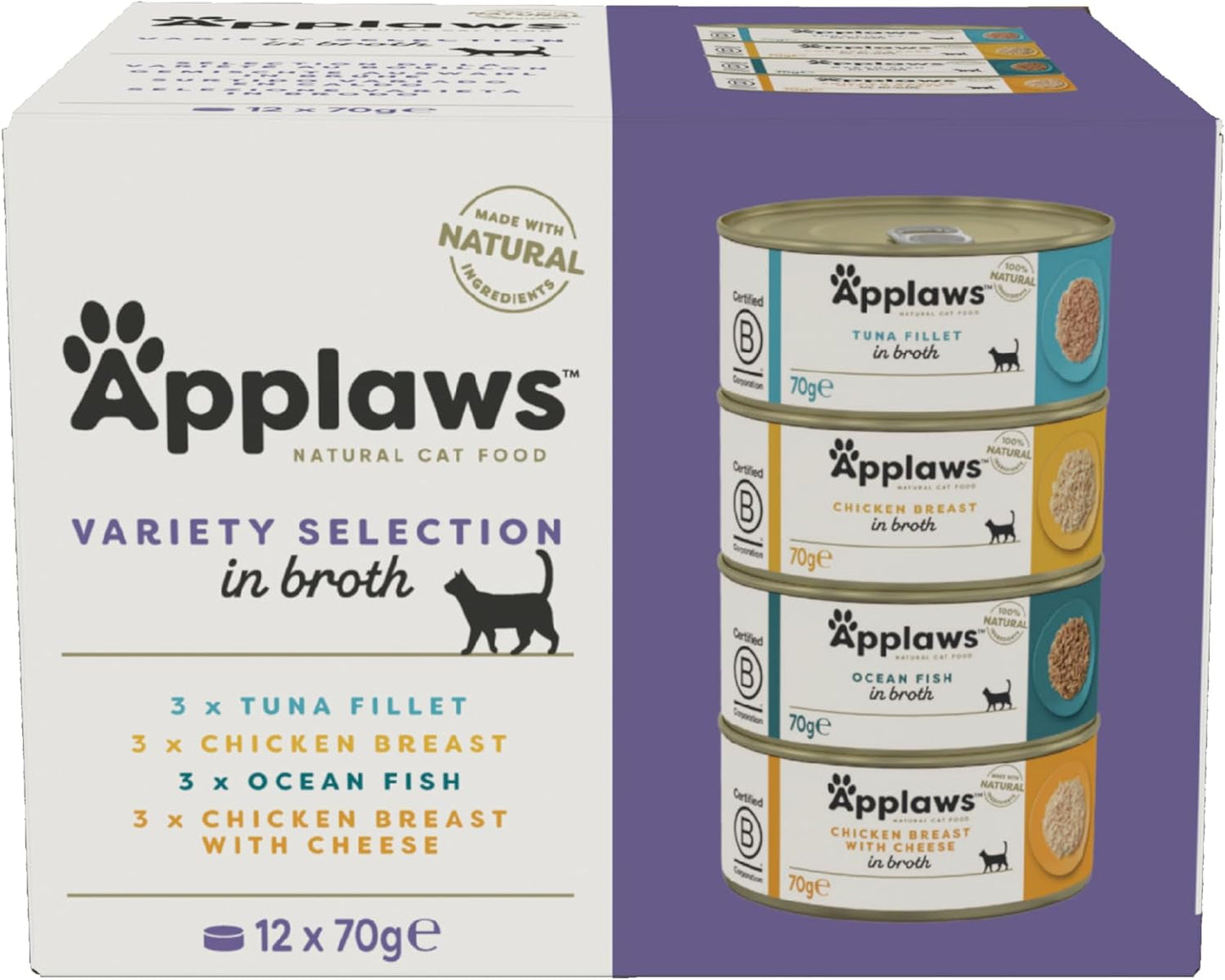 Applaws 100% natuurlijk premium natvoer voor volwassen katten in bouillon - tonijn, kip, zeevruchten, gemengde selectie in bouillon - verpakking van 12 blikjes x 70 g