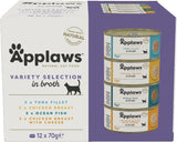 Applaws 100% natuurlijk premium natvoer voor volwassen katten in bouillon - tonijn, kip, zeevruchten, gemengde selectie in bouillon - verpakking van 12 blikjes x 70 g
