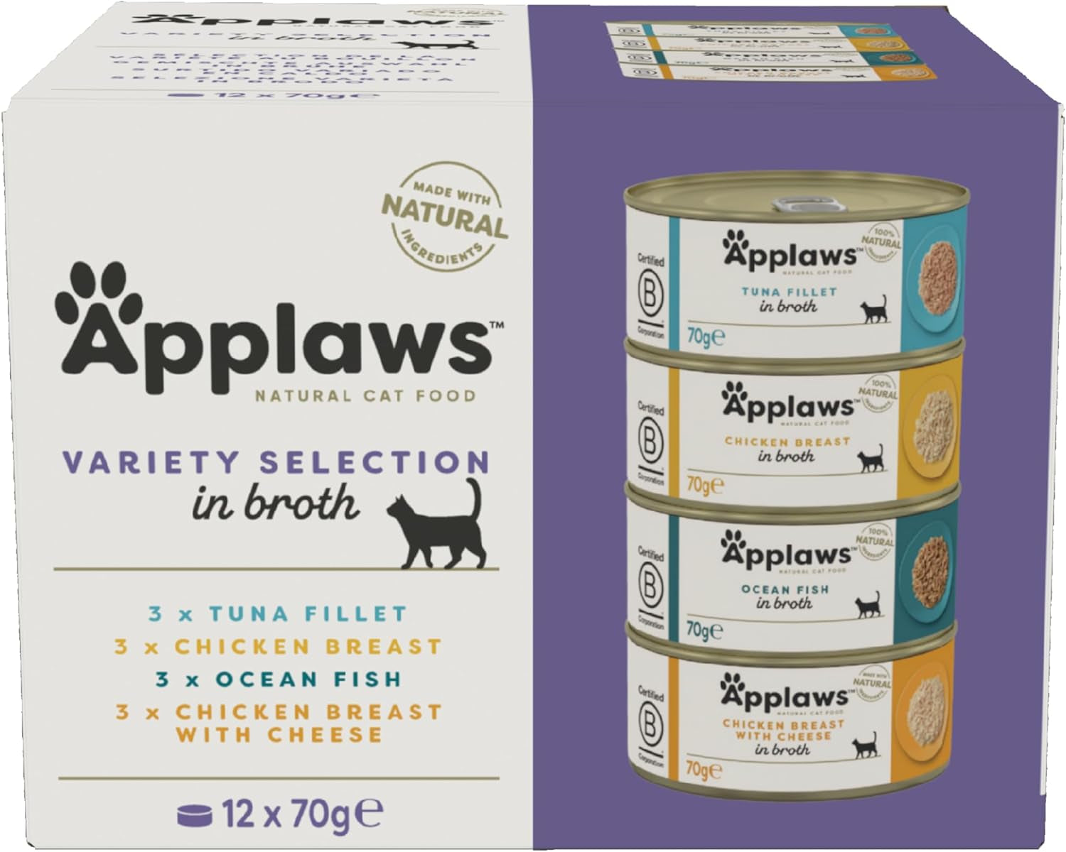 Applaws 100% natuurlijk premium natvoer voor volwassen katten in bouillon - tonijn, kip, zeevruchten, gemengde selectie in bouillon - verpakking van 12 blikjes x 70 g