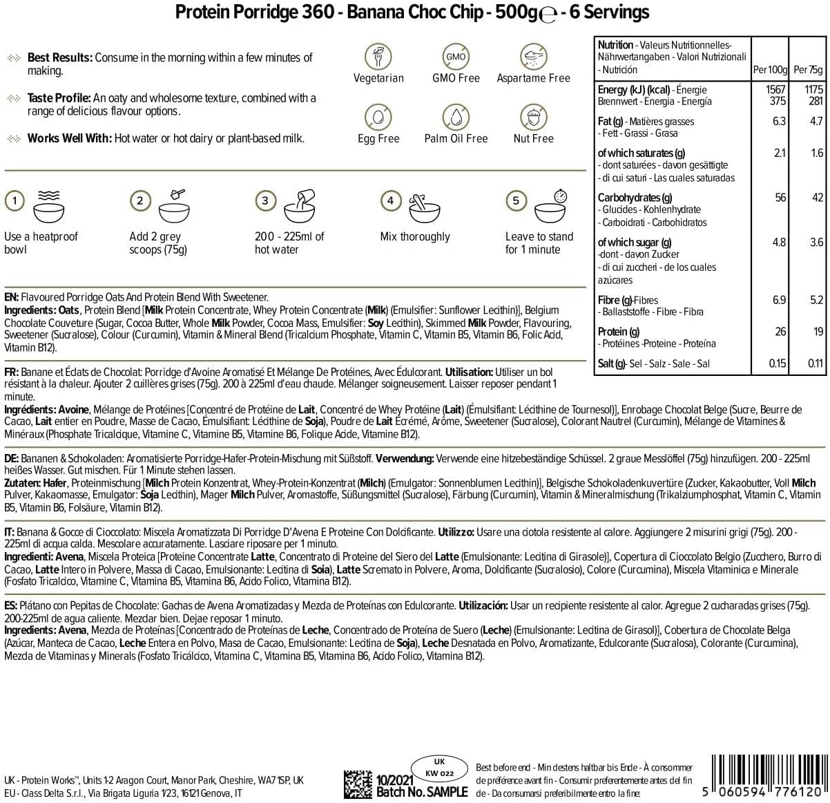 Protein Works - Eiwitpap 360 | Mythe Extra vitaminen en mineralen | Proteinreiches Frühstück | Kalorienarme Haferflocken | 6 Porties | Banaan-Choco-Chip | 500G Granen Naty Shop