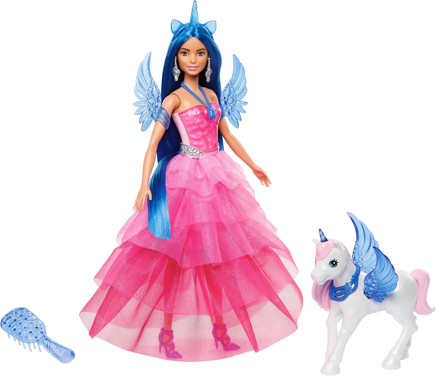 Barbie Hidden Magic - Eenhoornpop, roze jurk met saffierblauwe details, eenhoornhoofdband, afneembare saffiervleugels en staart, vanaf 3 jaar, HRR16