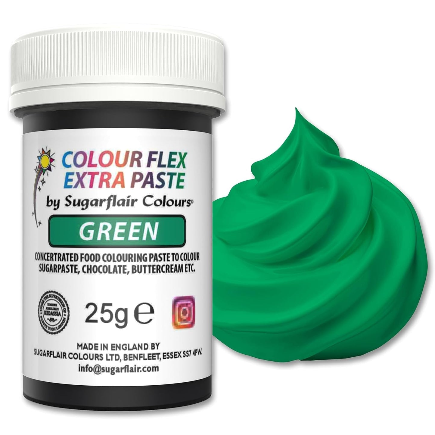 Sugarflair Colourflex Extra Paste Verde voedselkleuring - Eetbare kleurstof voor botercrème, chocolade, suikerpasta, glazuur, fondant, cakemixen, deeg en meer - 25g