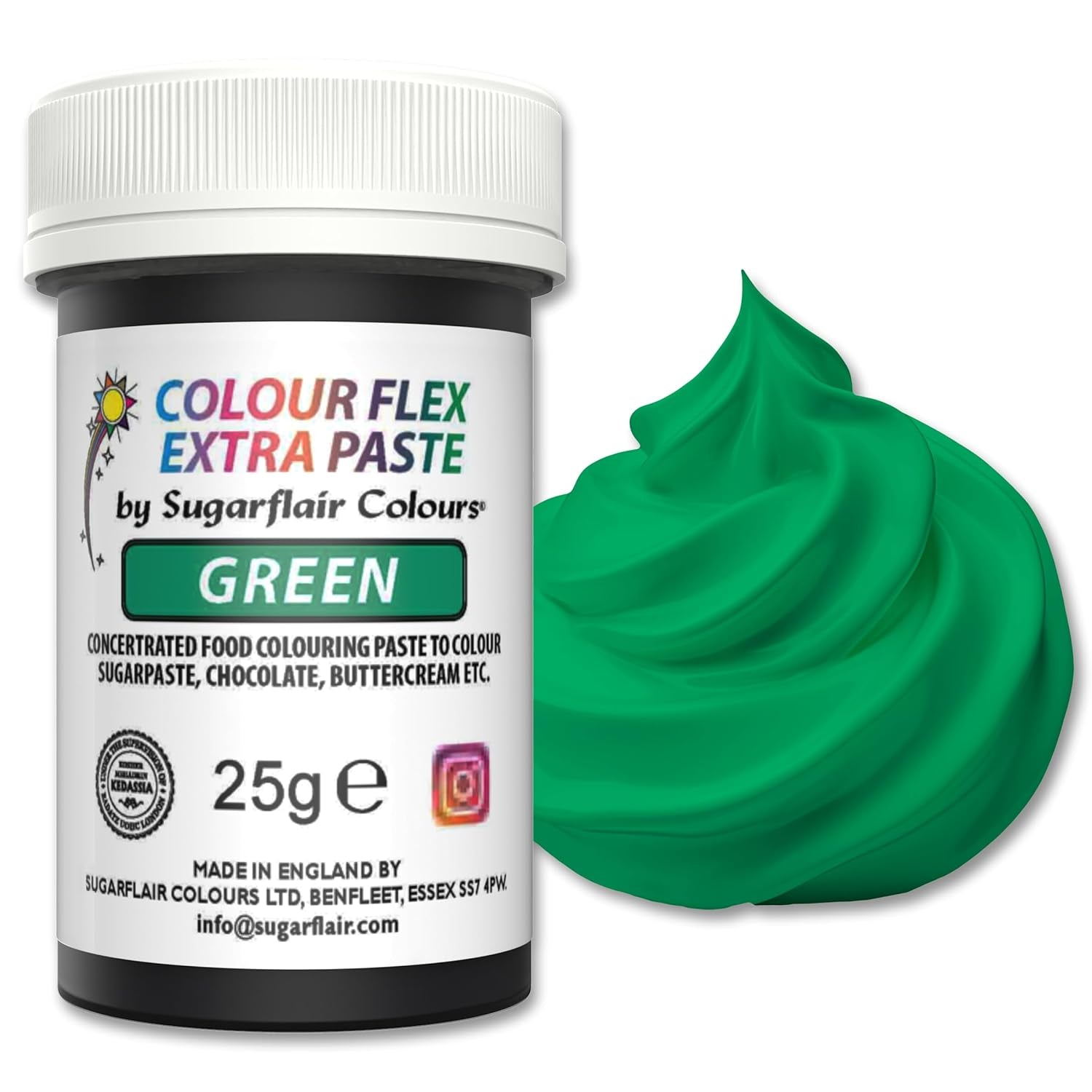 Sugarflair Colourflex Extra Paste Verde voedselkleuring - Eetbare kleurstof voor botercrème, chocolade, suikerpasta, glazuur, fondant, cakemixen, deeg en meer - 25g
