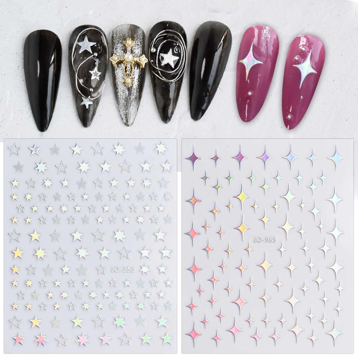 JMEOWIO Nagelsticker Aurora Holografisch 9 Blatt Nagelaufkleber Selbstklebend Herz-Flamme Spielt Schmetterlings-Mond Die Hauptrolle Nail Art Sticker Decoratie Nageldesign Zubehör