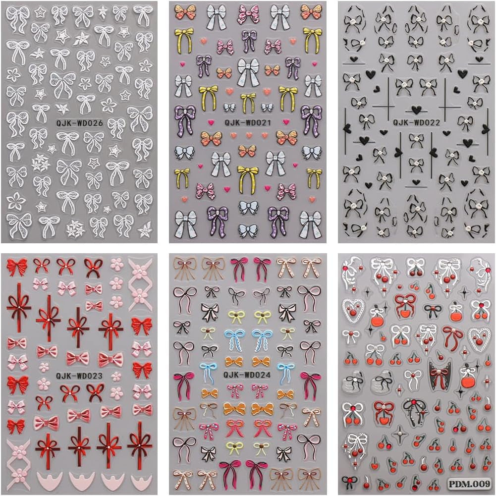 JMEOWIO Nagelsticker Bunte Herz Schleife 6 Blatt Nail Art Sticker Selbstklebend Nagelaufkleber Decoratie Nageldesign Zubehör