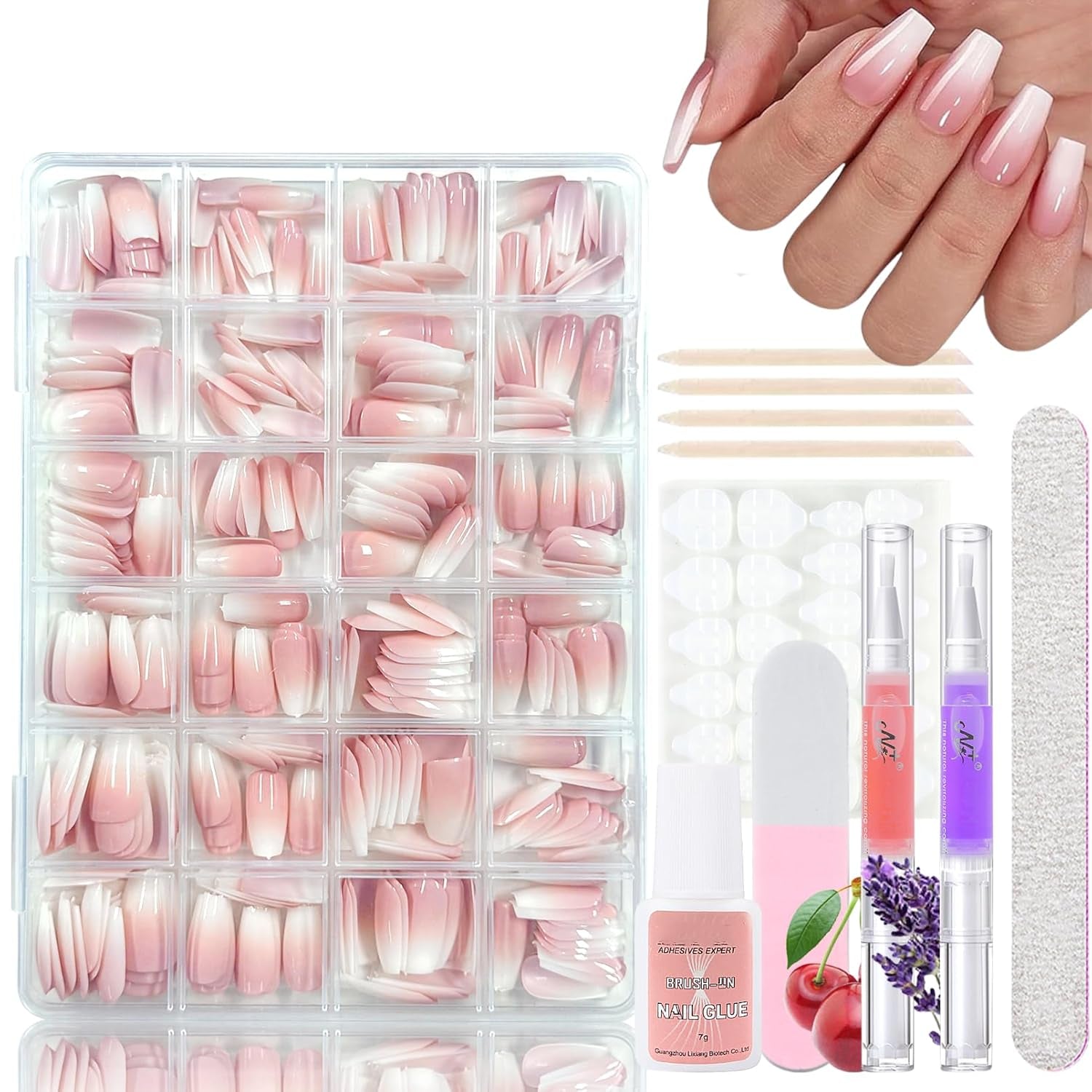 360 stks gradiënt ballerina kunstnagels set, roze witte gradiënt lijm-op kunstnagels met 2 stks nagelolie pennen, ombre medium nepnagels voor vrouwen DIY