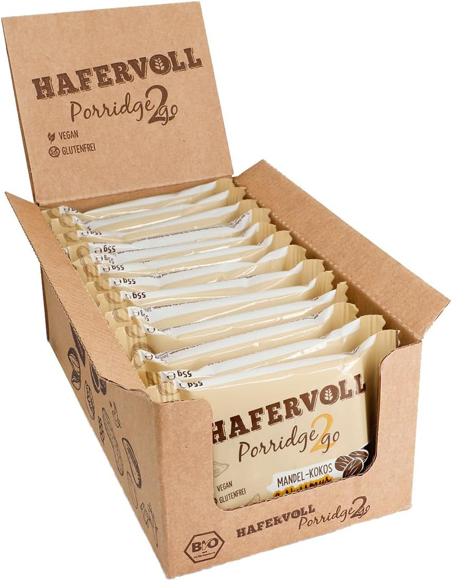 Hafervoll Porridge2go Pindakaas en noten, 13 repen x 55g - Veganistisch, biologisch, glutenvrij, geen toegevoegde suikersnack, met haver, dadels en quinoa-snoepjes