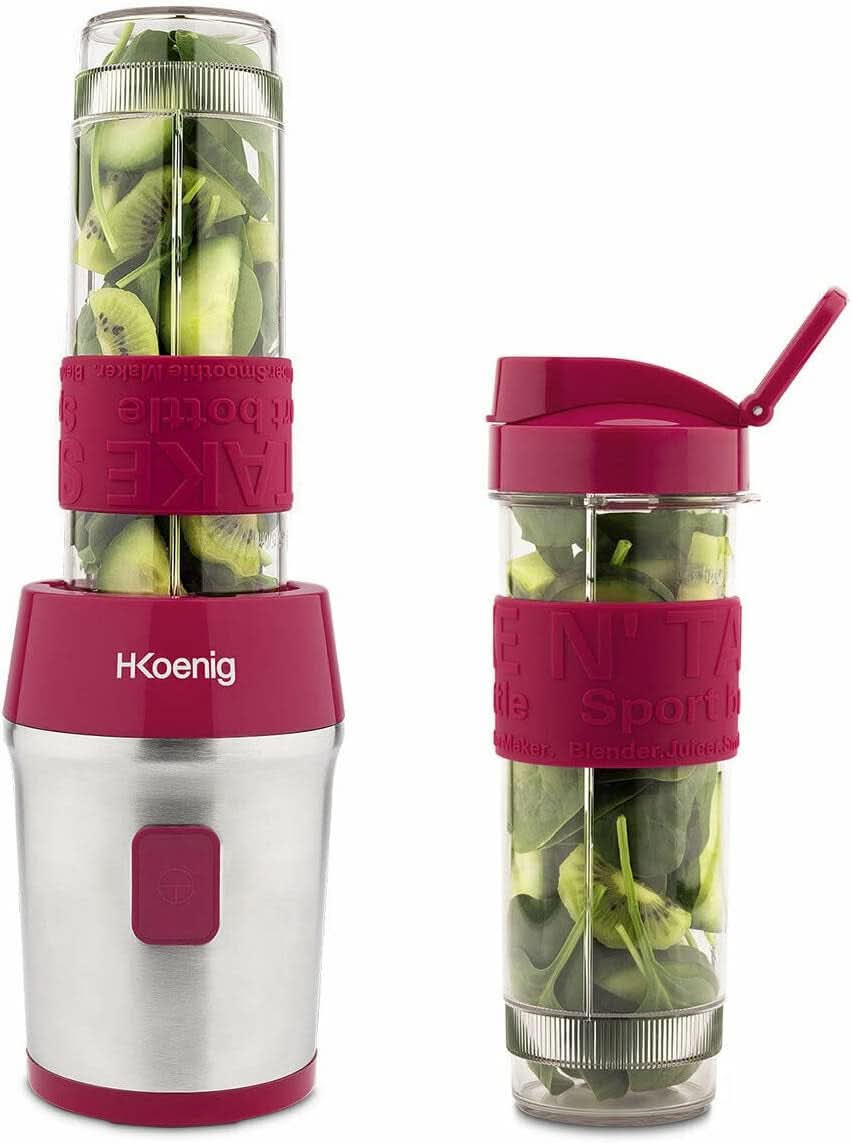 H.Koenig Smoothie Maker SMOO9 - Mini Standmixer - Mini Blender - 300 Watt - 570 Ml - Edelstahl - 2 Kunststofflesjes - Bpa-vrij, Grau Kitchen Naty Shop Roze