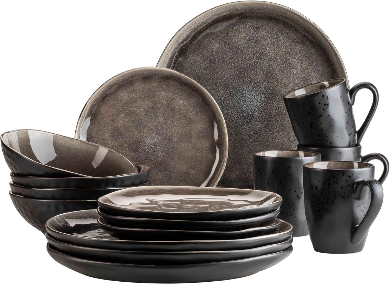 MÄSER 934073 Niara Organic Series Moderne 4-persoons serviesset met spannende vintage look, 16-delig combinatieservies met een speciale combinatie van zwart en bruin glazuur, steengoed