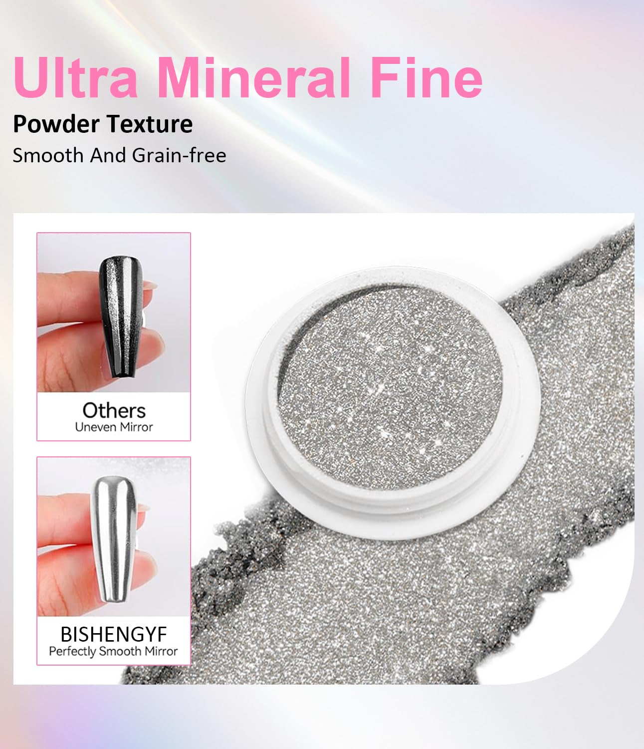 BISHENGYF Silver Chrome Nail Powder – Metal Holo Chromfarbener Nagelpuder, 1G Cromepulver Nägel Glitzer Glänzende Silver Nagelpulver Spiegeleffekt Pigment Nagelkunst, DIY-Design-Dekor Frauen Gift