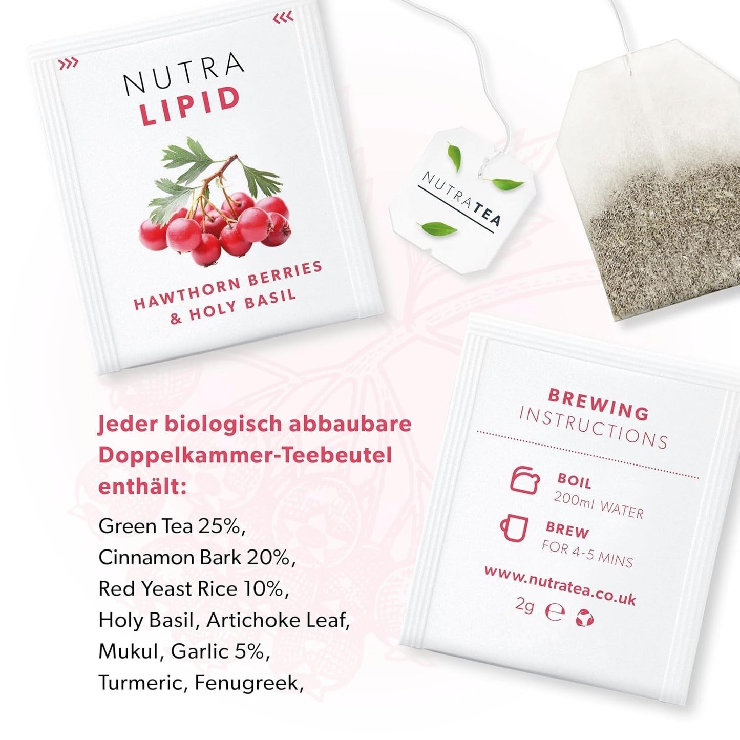 Nutra Thee NUTRALIPID, bloedsuikerbalancerende thee Helpt de bloedsuikerspiegel op peil te houden, Afslankthee Verbetert de stofwisseling en kan de eetlust onderdrukken, 20 herbruikbare theezakjes