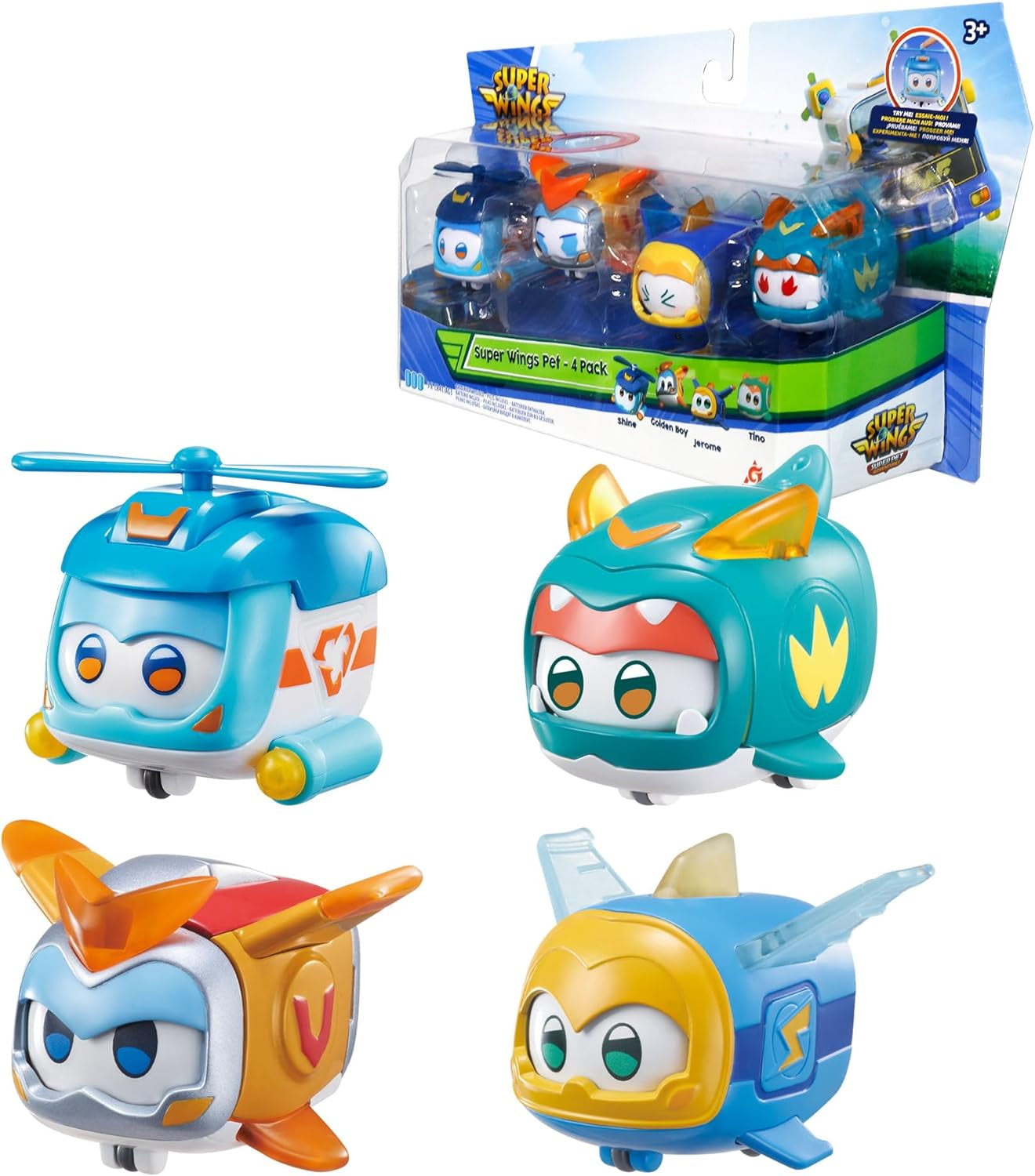 Super Wings Super Pets 4 stuks Shine, Golden Boy, Jerome, Ellie Verwisselbare gezichtsuitdrukking Bliksemeffect Draagbaar speelgoed voor 3 4 5 6 7 8 jaar oude jongensmeisjes 2 inch actiefiguren Naty Shop 4-pack B