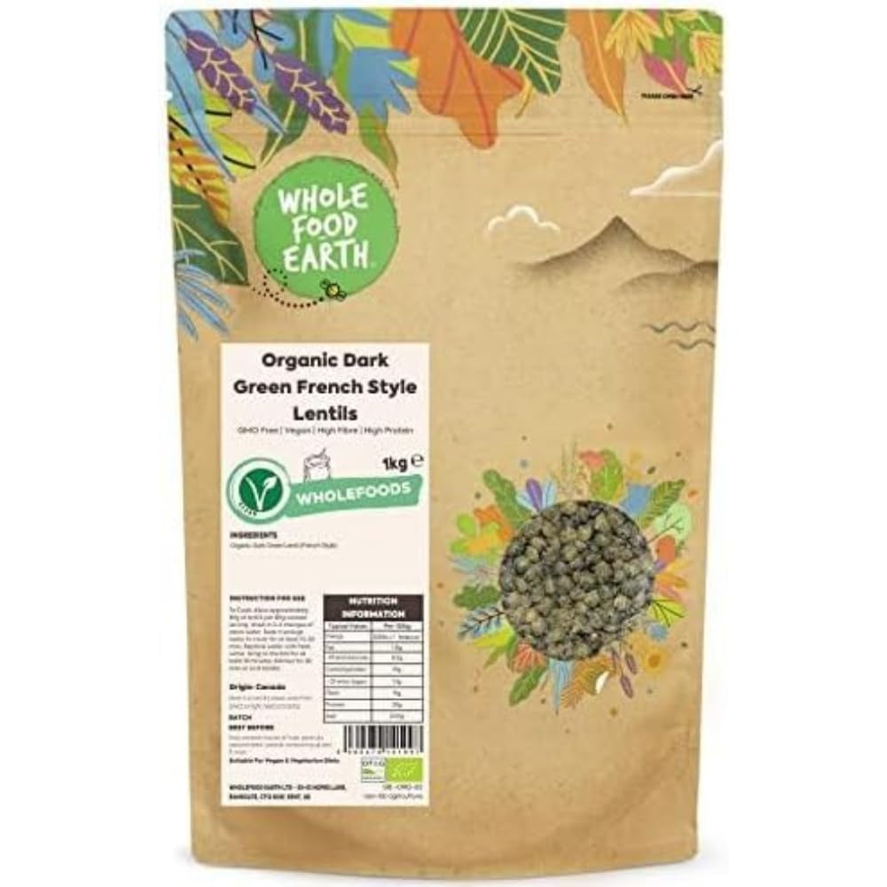 Wholefood Earth Biologische Franse Stijl Donkergroene Linzen 1kg Niet-GMO | Veganistisch | Rijk aan vezels | Rijk aan eiwitten | Gecertificeerd biologisch