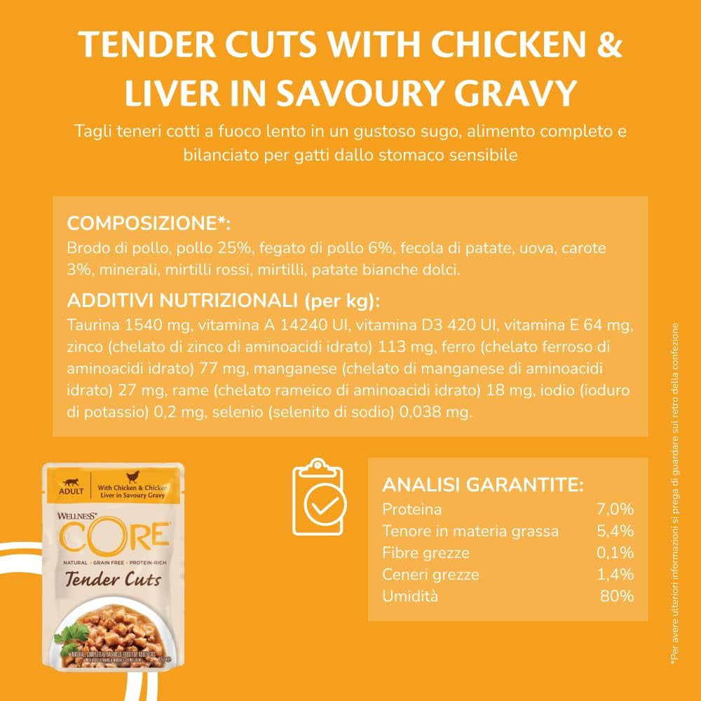 Wellness CORE Tender Cuts 6 x 85 g, Chicken Selection Mix - Natvoer voor katten, malse stukjes in saus, graanvrij, natuurlijk, hypoallergeen, rijk aan eiwitten, hoog vleesgehalte