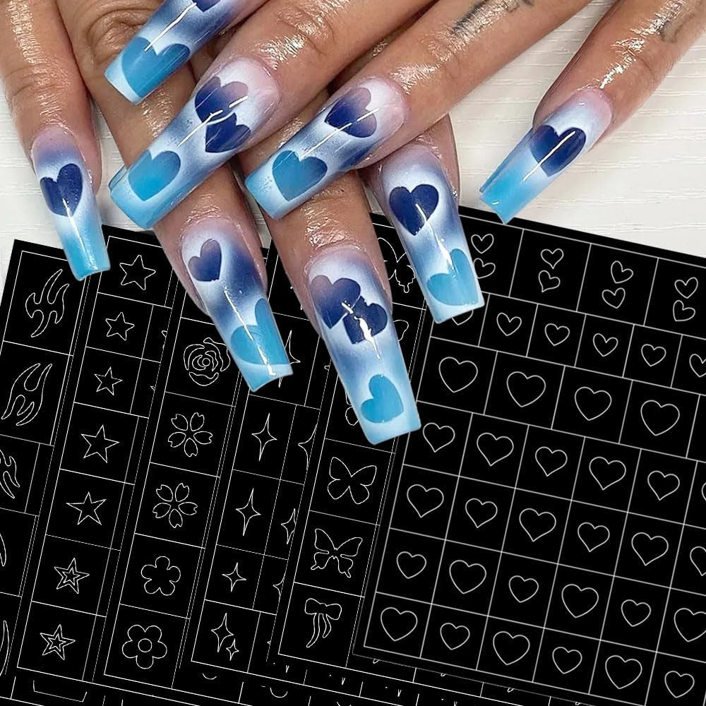 6 vellen airbrush-sjabloon nagelstickers, vlindervlam sterren hart sterren nagelstickers afdrukken stencilgereedschap nagelkunst zelfklevende stickers voor vrouwen nagelkunstontwerpstickers