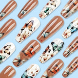 24 stuks lange druk op nagels doodskist kunstnagels vlinder bloem zelfklevende nagels wit bruin acryl nagel set nagel tips vrouwen lente zomer nagel accessoires