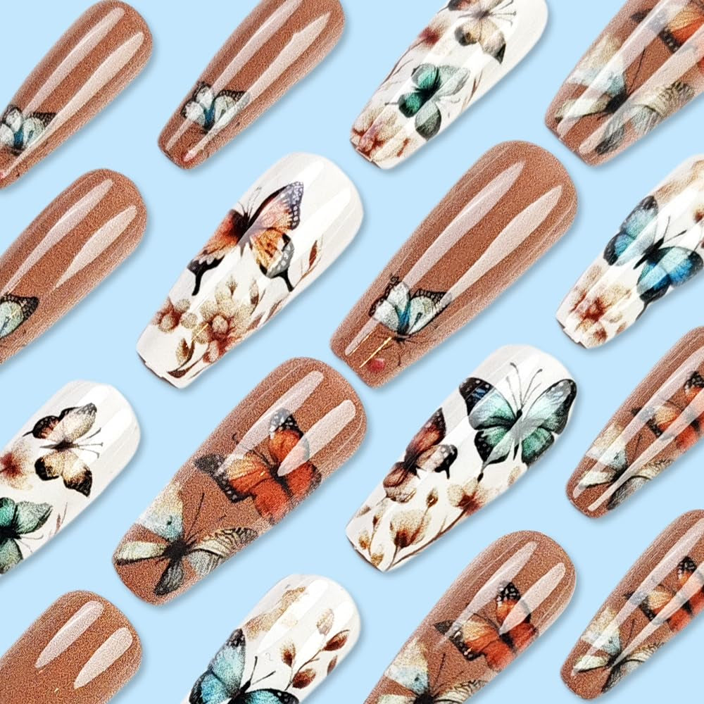 24 stuks lange druk op nagels doodskist kunstnagels vlinder bloem zelfklevende nagels wit bruin acryl nagel set nagel tips vrouwen lente zomer nagel accessoires