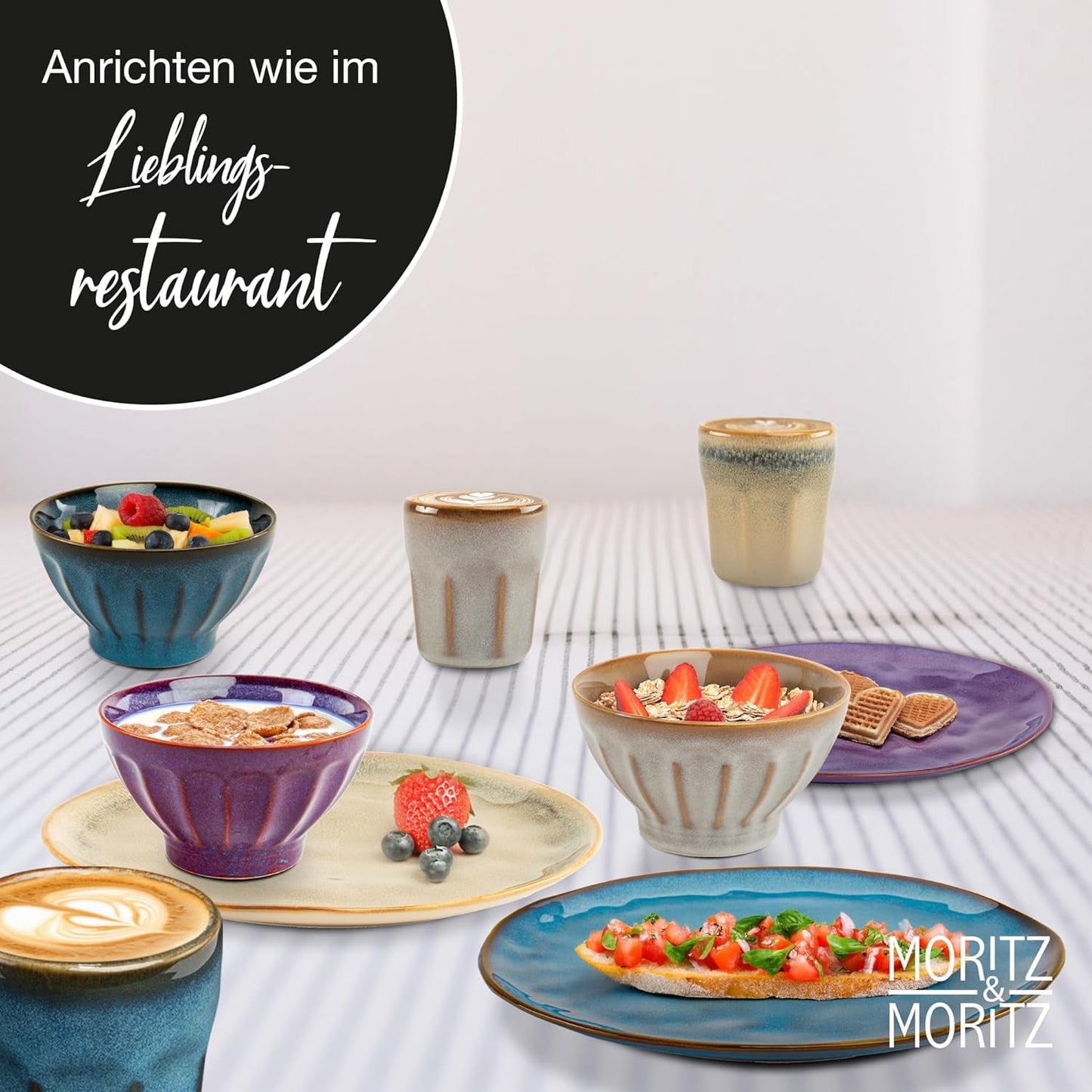 Moritz & Moritz COPA 16-tlg Geschirrset 4 Personen - Elegantes Teller Set aus hohrstandigem Steinzeug - Geschirr Set 4 Personen met 4x Dinnerteller, Dessertteller, Müslischale & Kaffeebecher