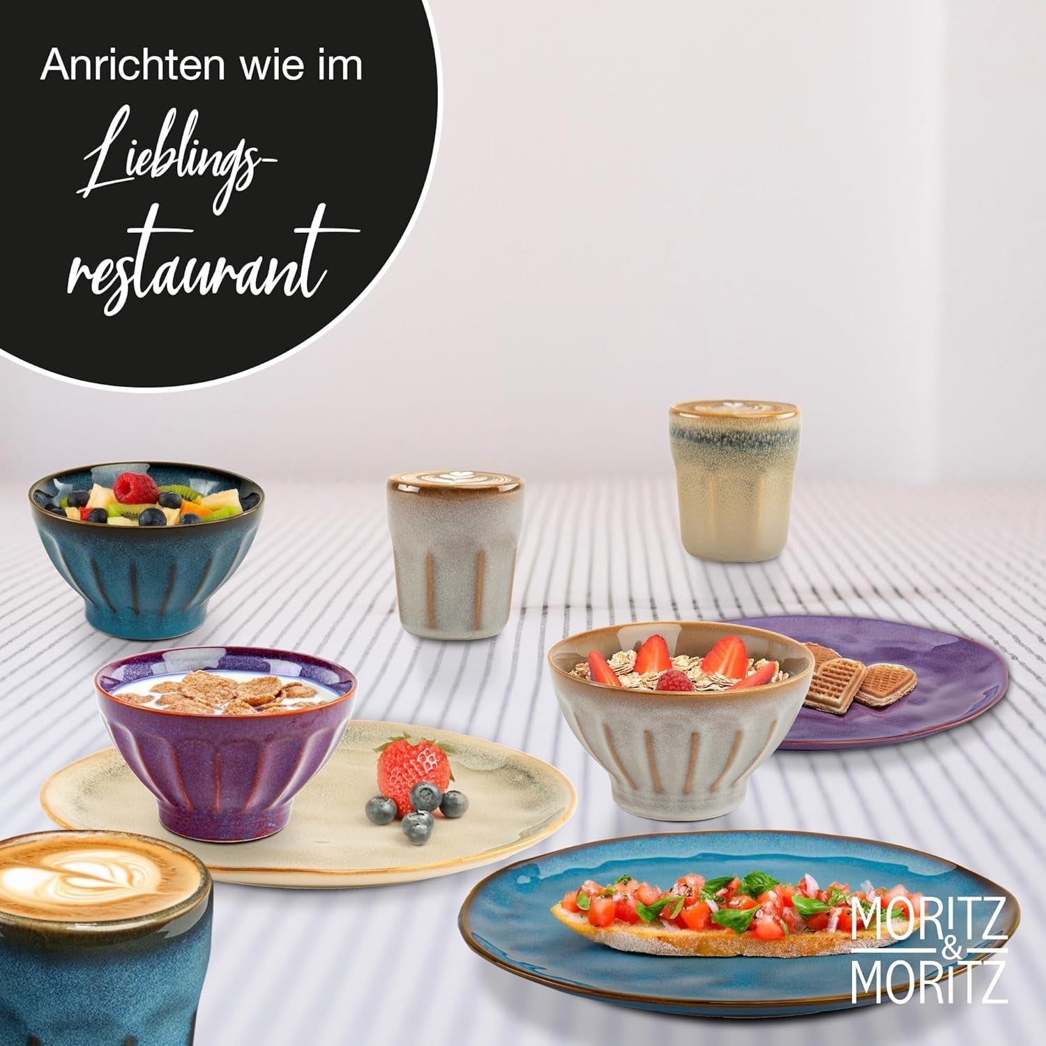 Moritz & Moritz COPA 16-tlg Geschirrset 4 Personen - Elegantes Teller Set aus hohrstandigem Steinzeug - Geschirr Set 4 Personen met 4x Dinnerteller, Dessertteller, Müslischale & Kaffeebecher