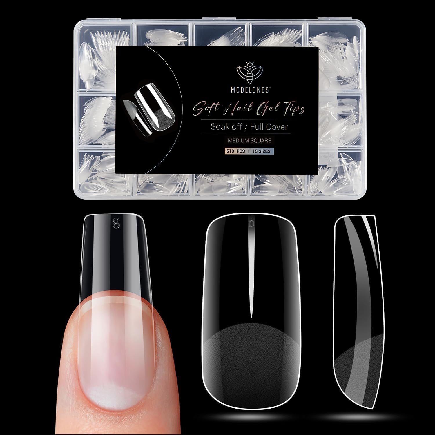 Modelones nageltips 510-delig - volledig dekkende nageltipsset, geltipsset, pre-polijst PMMA-hars nageltips, kunstnagels voor lijm op nail art DIY, korte Squoval