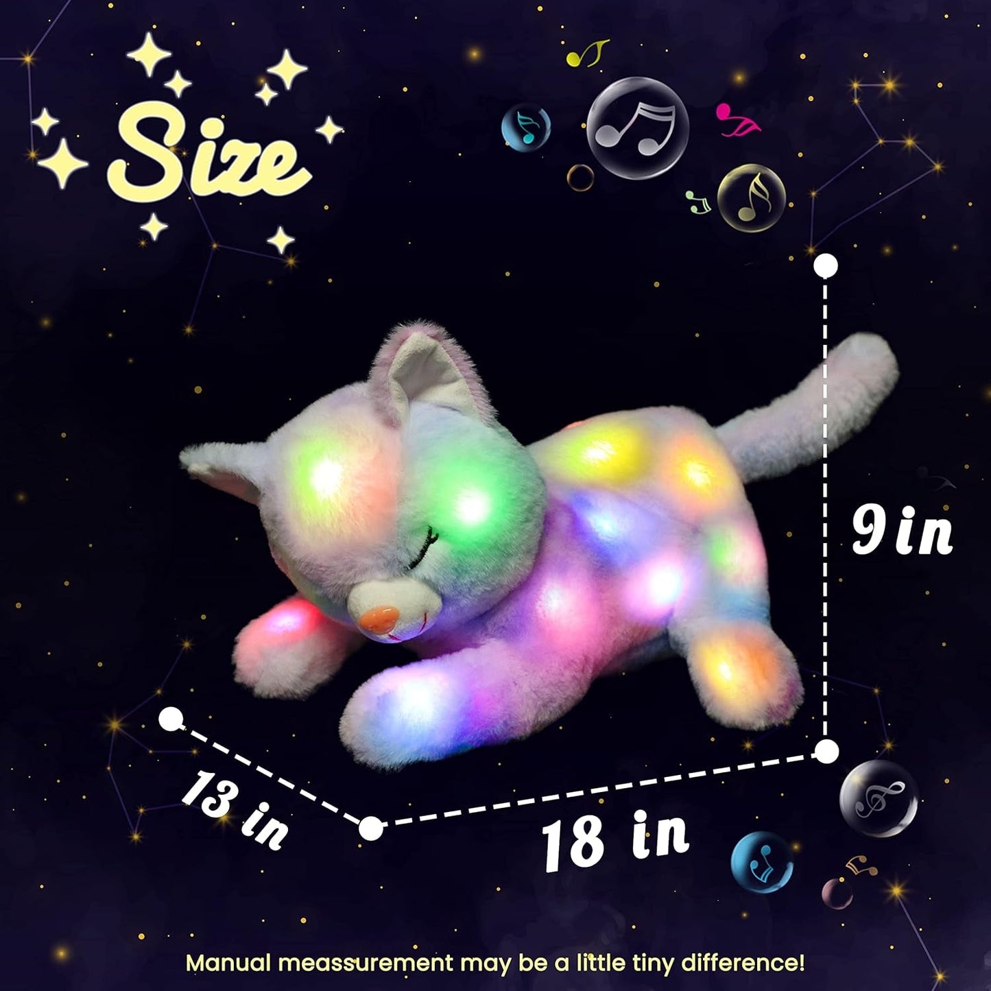 LED-muzikale pluche kat, licht zingend speelgoed, moederkat met 3 kittens in de buik, geanimeerd slaapliedje, rustgevend speelgoed voor moeders, kinderen, kleine meisjes, regenboog, 45 cm