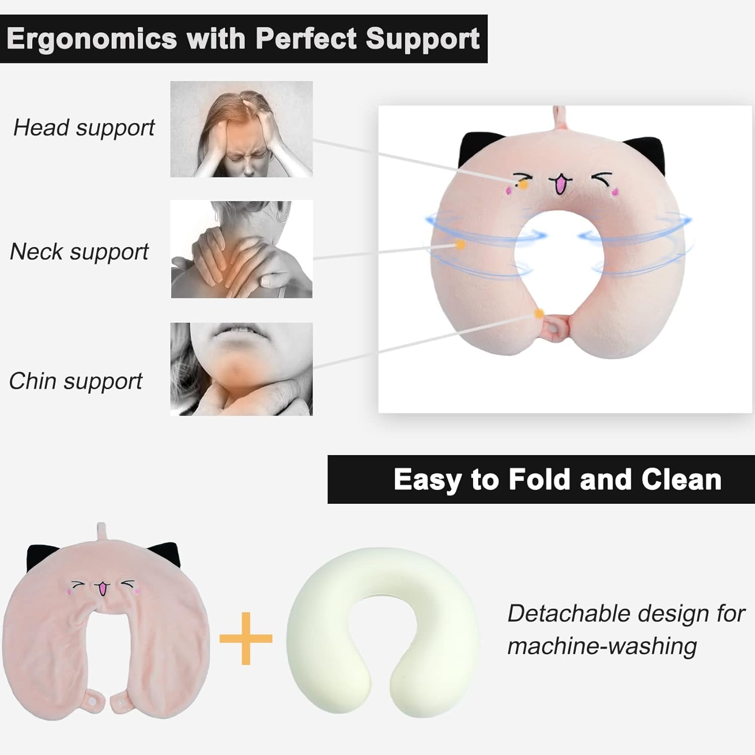 Nekkussen Nekkussen voor kinderen voor vliegtuig-, auto- en treinreizen Volwassen traagschuim reiskussen Schattig dierenpatroon U-vormig kussen Afneembare hoes (roze2) Cervicale orthopedische kussens Naty Shop
