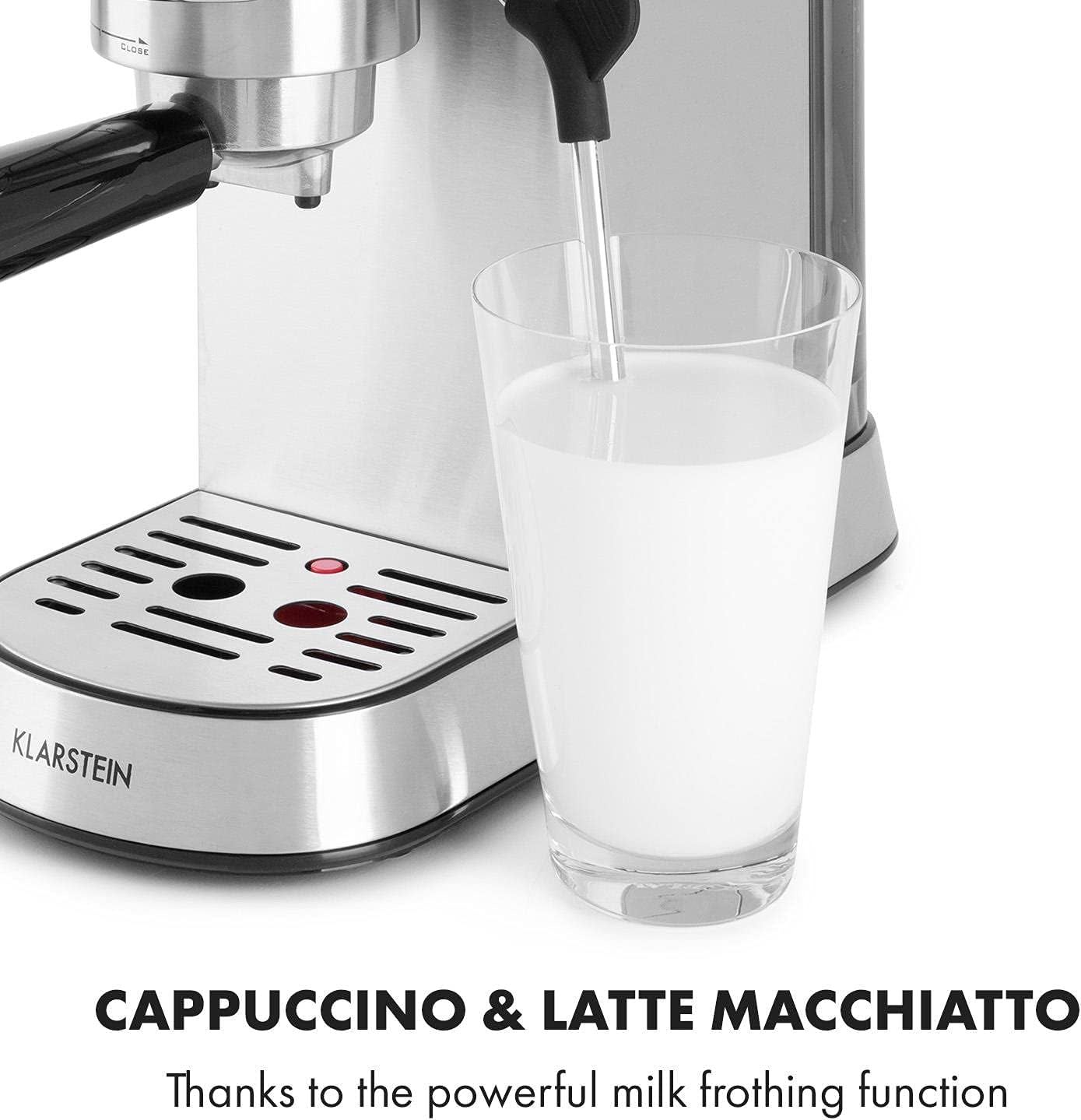 Klarstein Futura espressomachine, draagbare filter-espressomachine, 1450 W, 20 bar, Barista-kwaliteit, dubbele sproeier, doorstroomstop, draagbare filter-espressomachine, melkopschuimfunctie, zilver