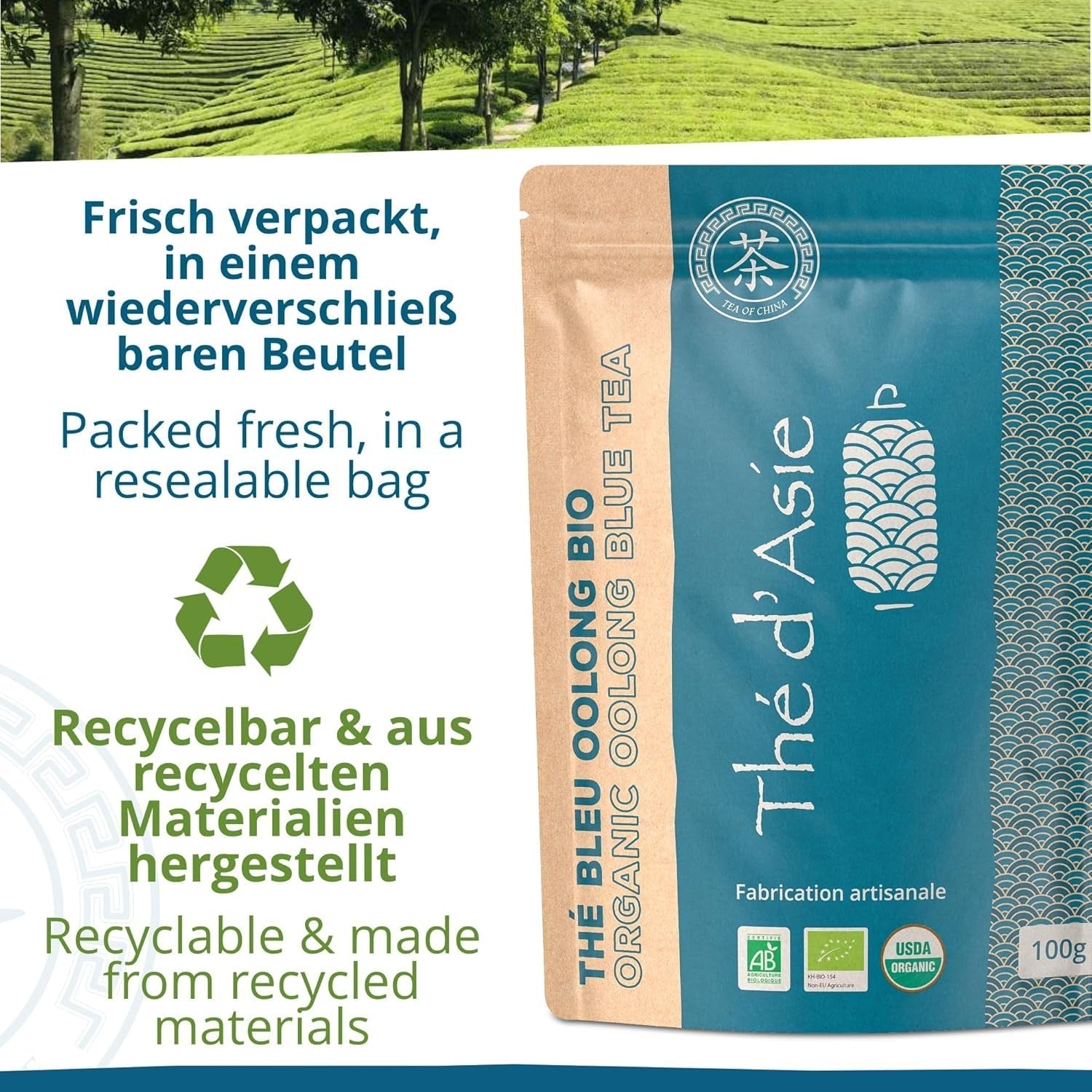Khla - Bio Oolong Thee 100 G - Blauwe thee - Natuurlijke losse thee - Biologische Aziatische thee - Los en gesneden - Kruiden- en geïnfuseerde thee - Uit China