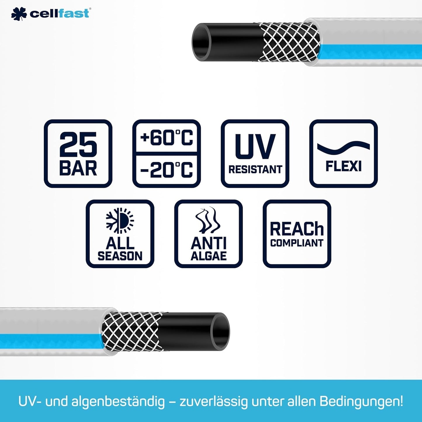 CELLFAST tuinslang, 3-laags tuinwaterslang, duurzame draadversterkt, flexibele irrigatieslang, UV-bestendig, anti-algen, 3,4 inch, 20 meter lengte