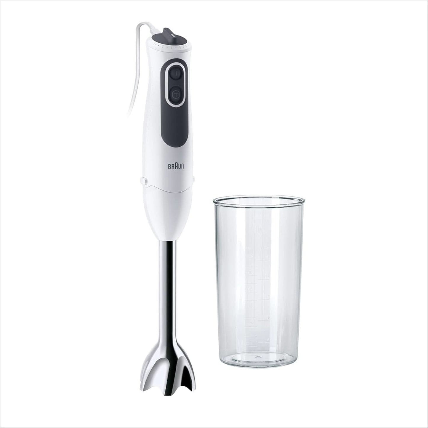 Braun Multiquick 3 MQ 3135 Sausstaafmixer – Pürierstab Mit 11 Geschwindigkeiten plus Turbo-Stufe & Edelstahl-Mixfuß, 750 Watt, Inkl. 600 Ml Mix-/Messbecher, Schneebesen & Zerkleinerer, Weiß/Grau Keuken Naty Shop Single Mq 3100