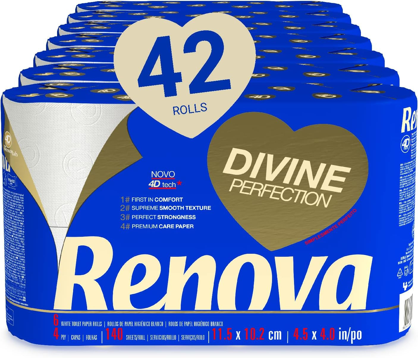 Renova Renova Divine Perfection toiletpapier, 42 rollen, premium toiletpapier, 4-laags, ultrazacht, extra sterk, dik, zacht en absorberend, FSC-gecertificeerd papier, 4400G