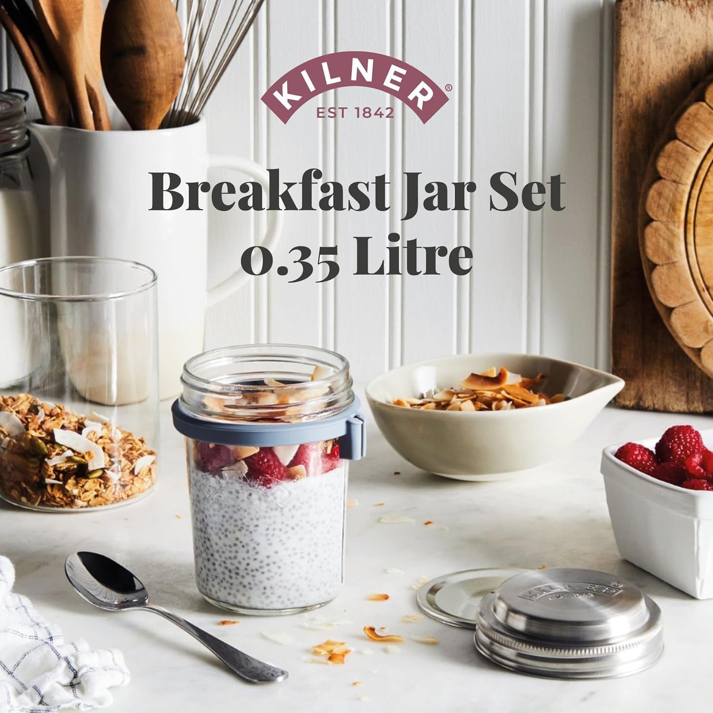 Kilner ontbijtpotje met lepel / 350 ml, Ø 9,5 cm / 5 stuks | mueslibeker voor meeneemmaaltijden / niet giftig / glazen container met deksel voor muesli, pap en yoghurt / container voor nachtelijke haver Naty Shop voedselbewaardozen
